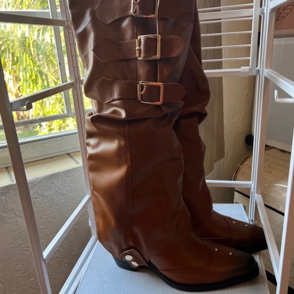 Women's Buckled Over-the-Knee Heeled Boots in Brown